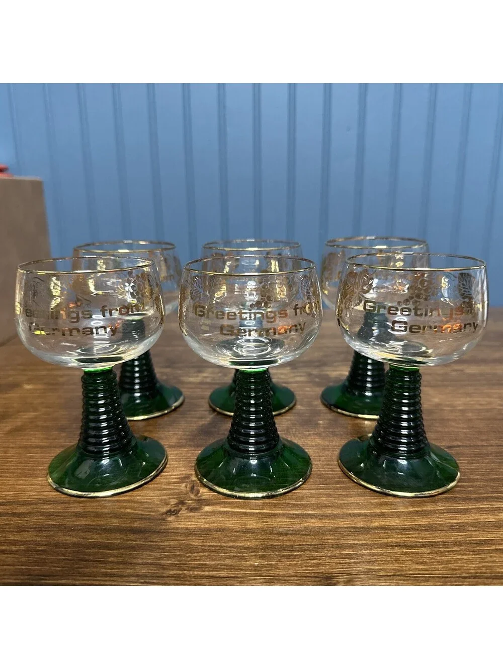 Vintage Greetings Germany Green Stem Gold Rim Wine Goblets Glasses Set of 6